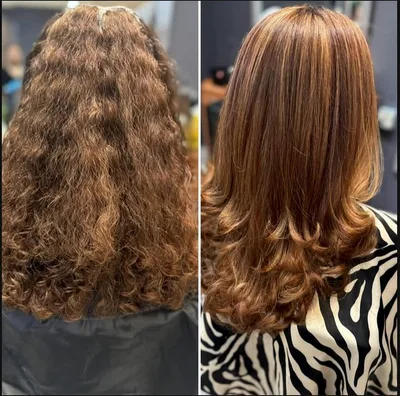 Before and after a keratin smoothing treatment: tight frizzy curls on the left, smooth glossy waves on the right