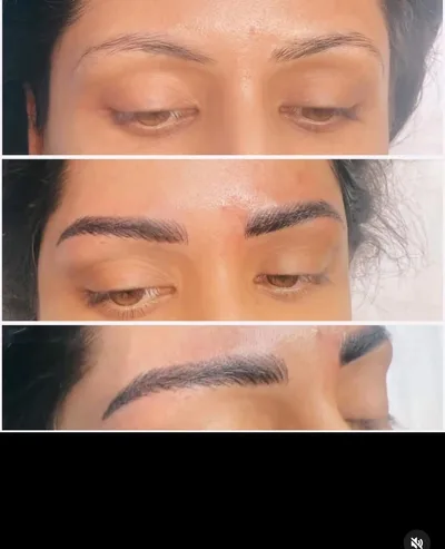 Before and after brow shaping, from sparse natural brows to full defined ones
