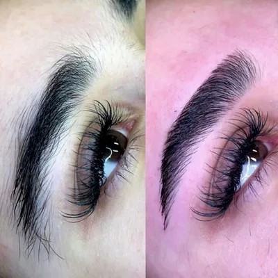 Two views of a laminated brow, the hairs combed upward into a clean arch
