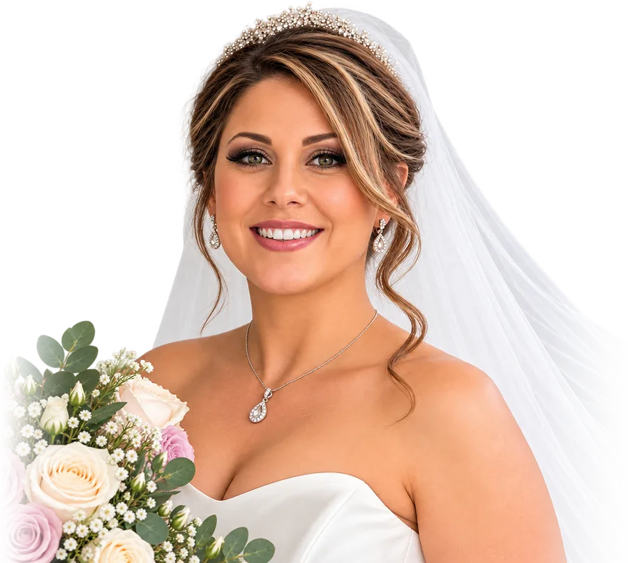 Bridal look: a soft updo with face-framing highlighted waves, smoky eye makeup, a crystal tiara and a long veil, holding pink and cream roses
